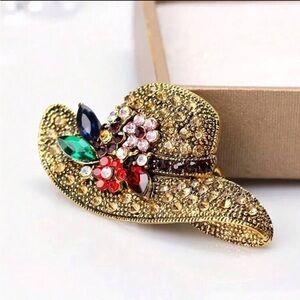 BNIB Elegant Vintage Style Gold Tone Colorful Floral Rhinestone Hat Brooch